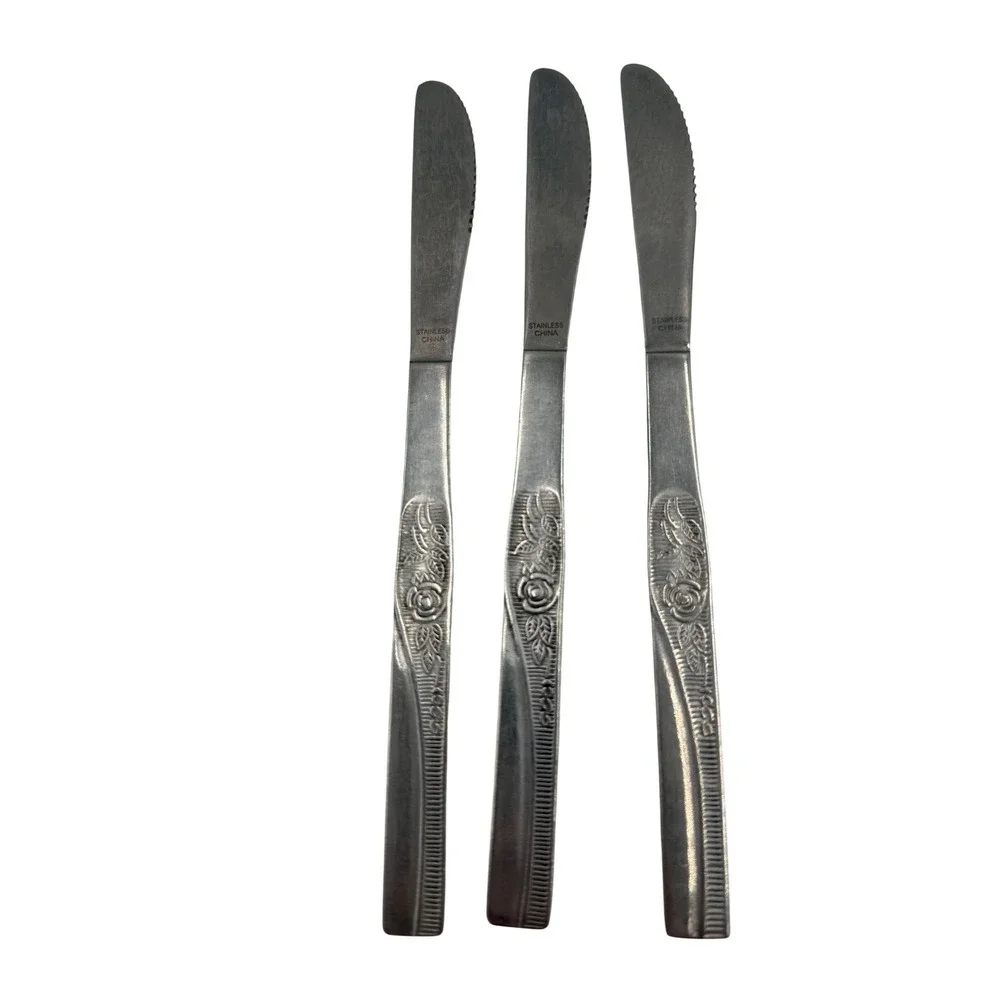 Vintage‎ Unbranded Dinner Knives Set of 3 Silver Rose Floral Pattern Stainless